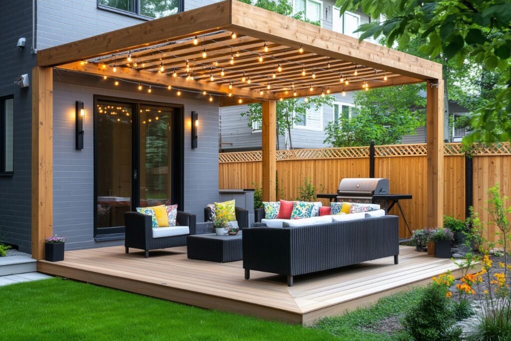 Pergola med tak til liten hage eller terrasse